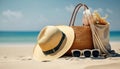 Straw hat, bag, sun glasses and flip flops on a tropical beach, Generative Ai Royalty Free Stock Photo