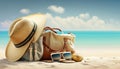 Straw hat, bag, sun glasses and flip flops on a tropical beach, Generative Ai Royalty Free Stock Photo