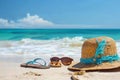 Straw hat, bag, sun glasses and flip flops on a tropical beach. Royalty Free Stock Photo