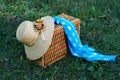 Straw hat, basket and neckerchief Royalty Free Stock Photo