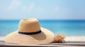 A straw hat on the beach. Summer feelings, vacation concept. Generative AI Royalty Free Stock Photo