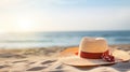 A straw hat on the beach. Summer feelings, vacation concept. Generative AI Royalty Free Stock Photo