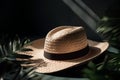 Straw hat on black background with palm leaves, 3d render
