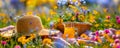 A straw hat, book, lemonade, fruits and flowers in surrounded green grass on meadow. Summer picnic in a field of flowers Royalty Free Stock Photo