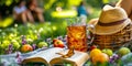 A straw hat, book, lemonade, fruits and flowers in surrounded green grass on meadow. Summer picnic in a field of flowers Royalty Free Stock Photo