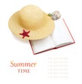 Straw hat with book and red starfish isolated Royalty Free Stock Photo
