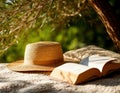 Straw hat and book resting on a soft pillow, sunlight filtering through tree branches. Royalty Free Stock Photo