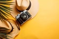 Straw hat with camera and palm leaf on yellow background. Travel vacation concept. Generative AI Royalty Free Stock Photo