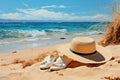 Straw hat, flip flops lay on the sand on the beach. The concept of rest and summer vacation