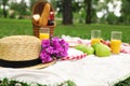 Straw hat, flowers and food for summer picnic on blanket Royalty Free Stock Photo