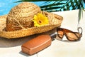 Straw hat, glasses and suntan lotion Royalty Free Stock Photo