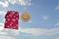 Straw hat and hawaii shirt on clothesline