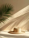 Straw Hat and Palm Leaf Casting Shadow on Beige Textured Wall Indoor Royalty Free Stock Photo