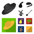 Straw hat, pear with leaf, watering hose, windmill. Farmer and gardening set collection icons in black, flat style