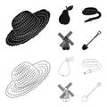 Straw hat, pear with leaf, watering hose, windmill. Farmer and gardening set collection icons in black,outline style Royalty Free Stock Photo