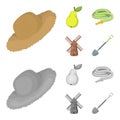 Straw hat, pear with leaf, watering hose, windmill. Farmer and gardening set collection icons in cartoon,monochrome Royalty Free Stock Photo