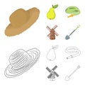 Straw hat, pear with leaf, watering hose, windmill. Farmer and gardening set collection icons in cartoon,outline style Royalty Free Stock Photo