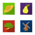 Straw hat, pear with leaf, watering hose, windmill. Farmer and gardening set collection icons in flat style vector