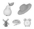 Straw hat, pear with leaf, watering hose, windmill. Farmer and gardening set collection icons in monochrome style vector Royalty Free Stock Photo