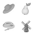 Straw hat, pear with leaf, watering hose, windmill. Farmer and gardening set collection icons in monochrome style vector Royalty Free Stock Photo