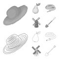 Straw hat, pear with leaf, watering hose, windmill. Farmer and gardening set collection icons in outline,monochrome Royalty Free Stock Photo