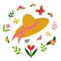 Straw hat with a ribbon. Spring set: butterflies, flowers, plants. Lettering Hello Spring. Flat design