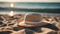 Straw hat on the sand beach.