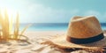 Straw hat on the sand on sea coast near water. Beach vacation concept background. Created with generative Ai