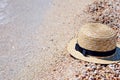 Straw hat on sand, sun protection concept. Women`s beach accessories or summer outfit Royalty Free Stock Photo