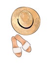 Straw hat and slippers from a splash of watercolor, colored drawing, realistic