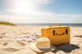 Straw hat and suitcase summer vacation background.