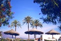 Straw hat, sun glasses on the lounger, near pool.