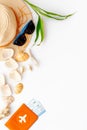 Straw Hat, Sun Glasses, Passport With Tickets, Shells And Plant For Sea Vacation On White Background Top View Mockup