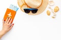 Straw Hat, Sun Glasses, Passport With Tickets, Shells For Sea Vacation On White Background Top View Mockup