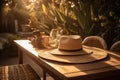 a straw hat from the sun lies on a wooden table in the garden