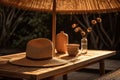 a straw hat from the sun lies on a wooden table in the garden