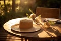 a straw hat from the sun lies on a wooden table in the garden