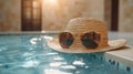 Straw hat and sunglasses floating on pool water under sunlight Royalty Free Stock Photo
