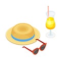 Straw Hat, Sunglasses and Refreshing Cocktail in Glass as Beach Vacation Isometric Vector Composition Royalty Free Stock Photo