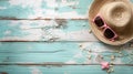 Straw hat, sunglasses, seashells on blue distressed wood background, Generative AI Royalty Free Stock Photo