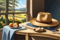 Straw hat on the table with fruit and towel