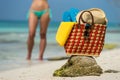 Straw hat, towel beach sun glasses and flip flops Royalty Free Stock Photo