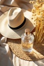 Straw hat and water bottle for summer minimalism in soft tones. Summer vibe.