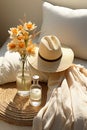 Straw hat and water bottle for summer minimalism in soft tones. Summer vibe.