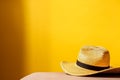 Straw hat on yellow background with copy space. Beach tourism, travel, relax, vacai, holiday background. Minimal summer vacation