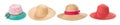 Straw hats with ribbon and bow on white background. Set beach hats summer accessory closeup top view isolated Royalty Free Stock Photo