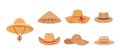straw hats set. cartoon different shaped hats collection of gardener, farmer agricultural worker, headwear accessories