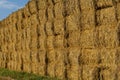 Straw or hay stacked in a field after harvesting. Straw bale wall.