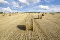 Straw rolls on harvested field Royalty Free Stock Photo