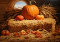 Straw sheaves and on them pumpkins. Pumpkin as a dish of thanksgiving for the harvest